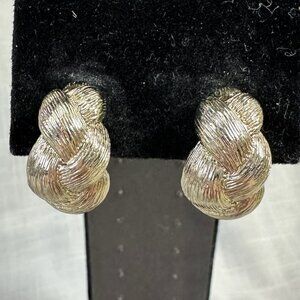 Vintage Monet Silver Tone Puffy Braided Clip On Earrings